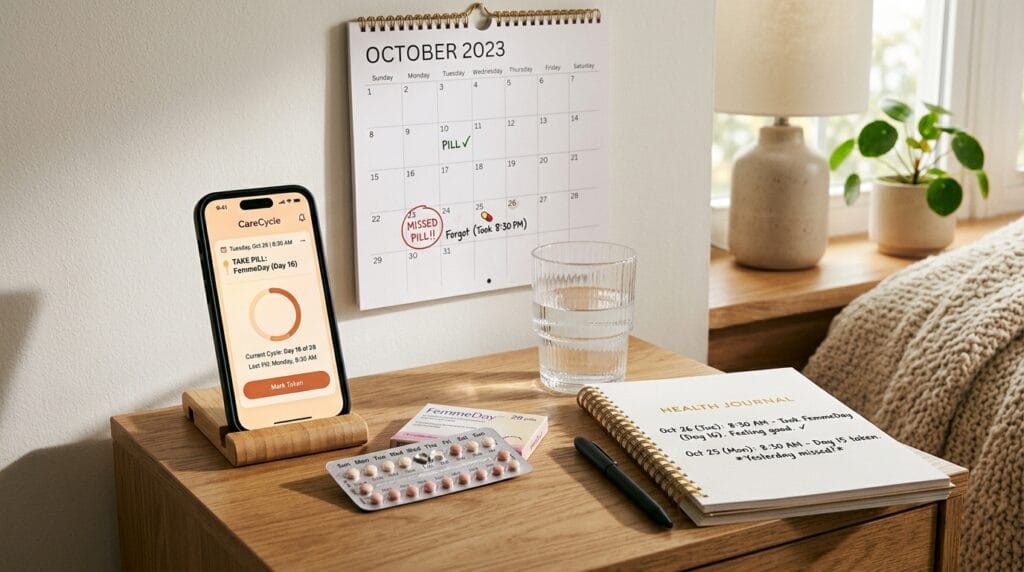 Birth control reminder app with missed pill notes and calendar tracking