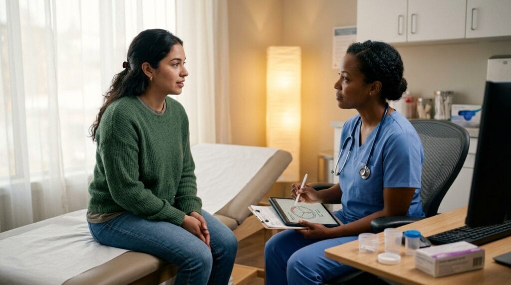 Healthcare provider discussing PCOS and pregnancy testing with a patient
