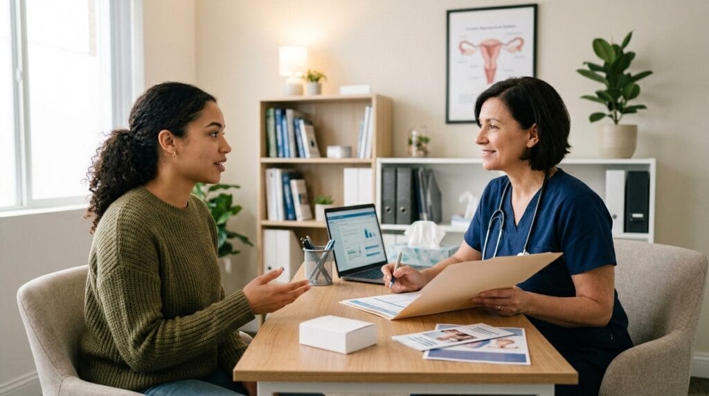 Healthcare provider explaining when to test after emergency contraception