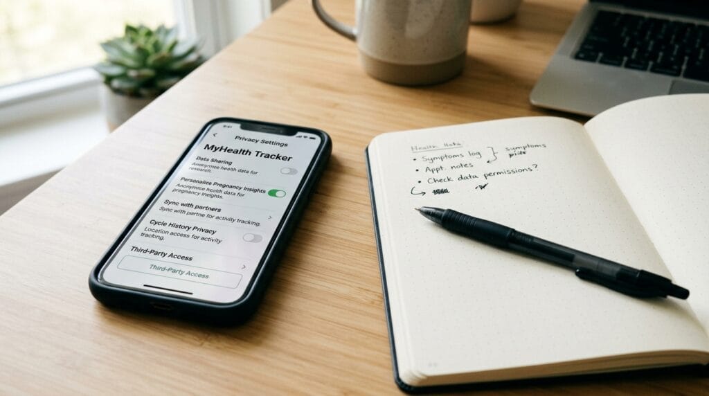 Phone privacy settings for a pregnancy tracking app with notebook and pen