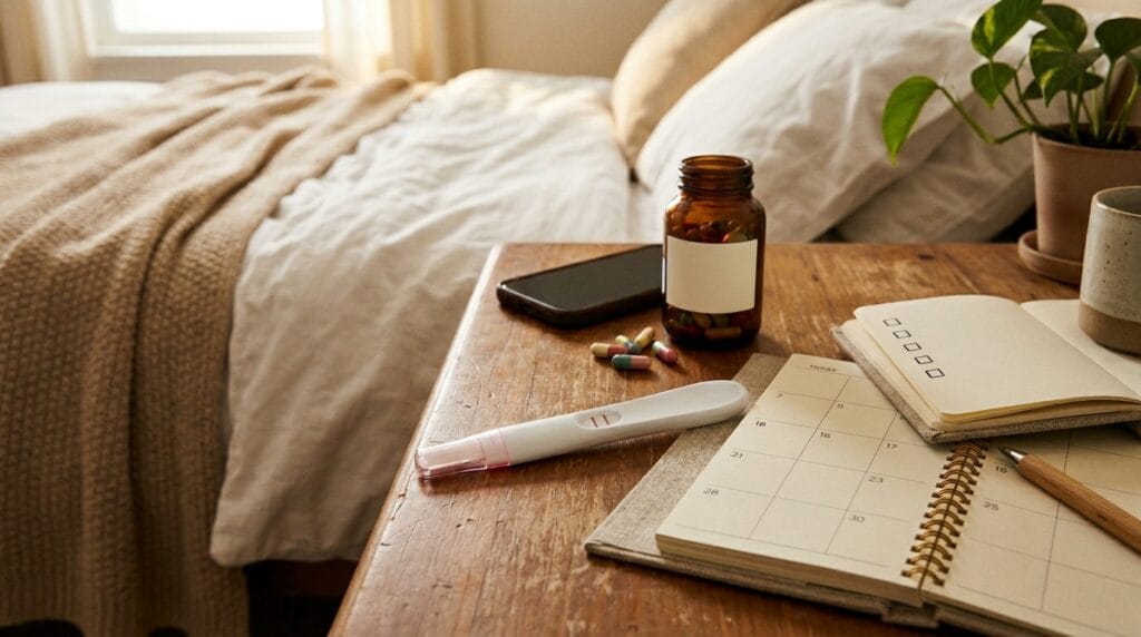 Positive pregnancy test checklist with prenatal vitamins and appointment calendar