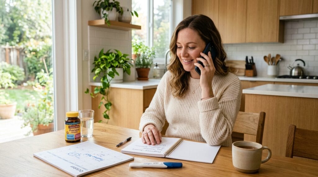 Positive pregnancy test with calendar while waiting for a prenatal appointment
