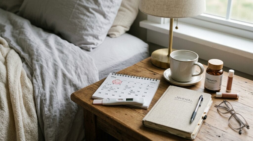 Pregnancy test checklist with missed period calendar and morning routine
