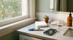 Pregnancy test on bathroom counter showing why morning timing can matter