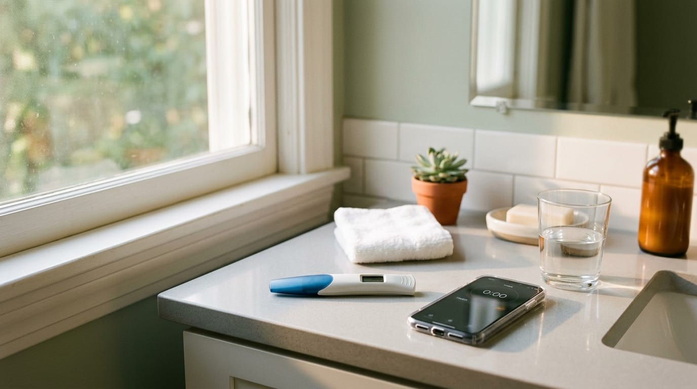 Pregnancy test on bathroom counter showing why morning timing can matter