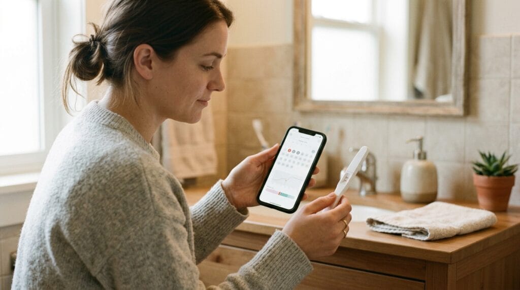 Pregnancy test used with fertility tracking app after a late period