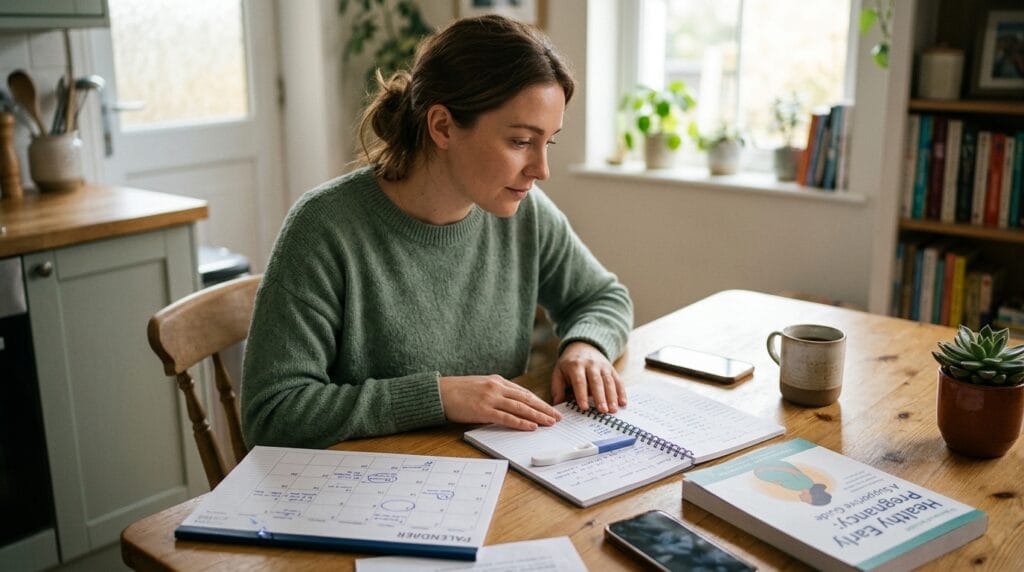 Woman checking cycle dates and pregnancy test timing instead of relying only on symptoms