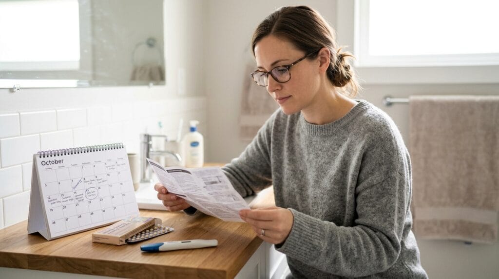 Woman checking pregnancy test instructions after a late period on birth control
