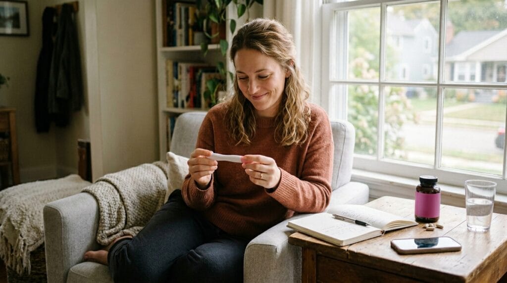 Woman holding a positive pregnancy test and planning her first pregnancy steps