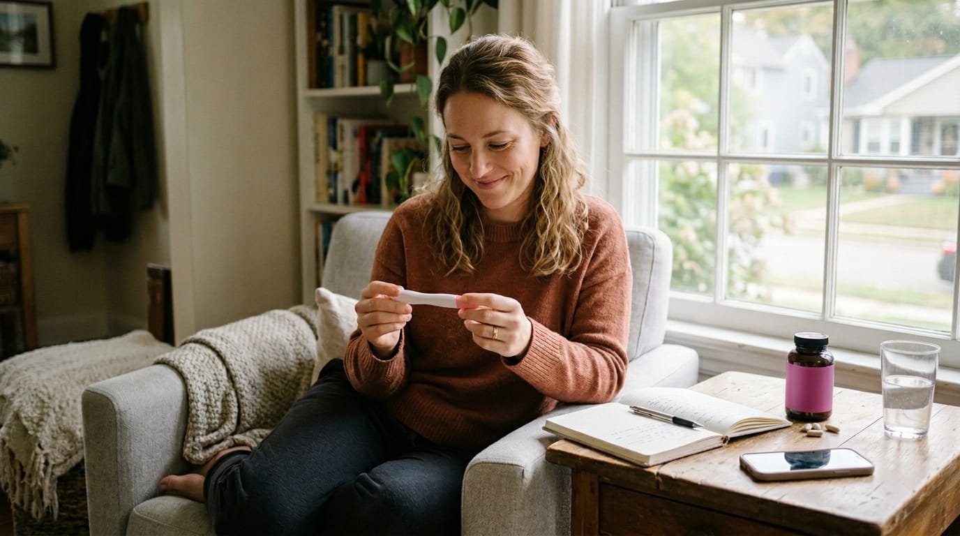 Woman holding a positive pregnancy test and planning her first pregnancy steps