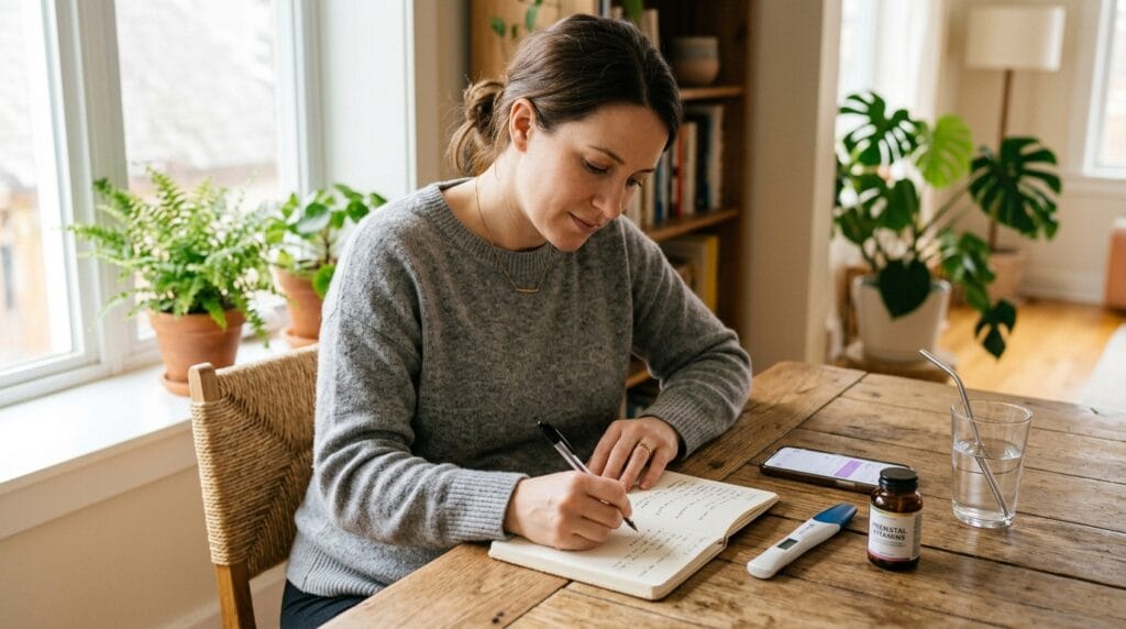 Woman preparing questions before her first prenatal appointment after a positive pregnancy test