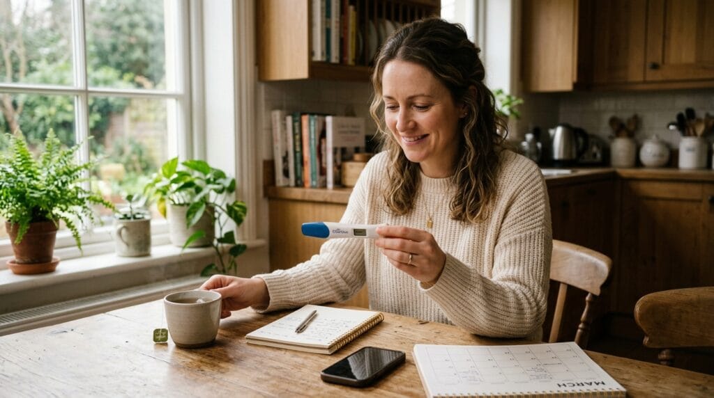 Woman reviewing positive pregnancy test next steps with a notebook and phone