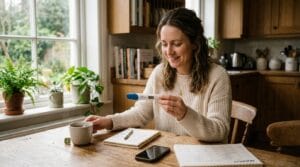 Woman reviewing positive pregnancy test next steps with a notebook and phone