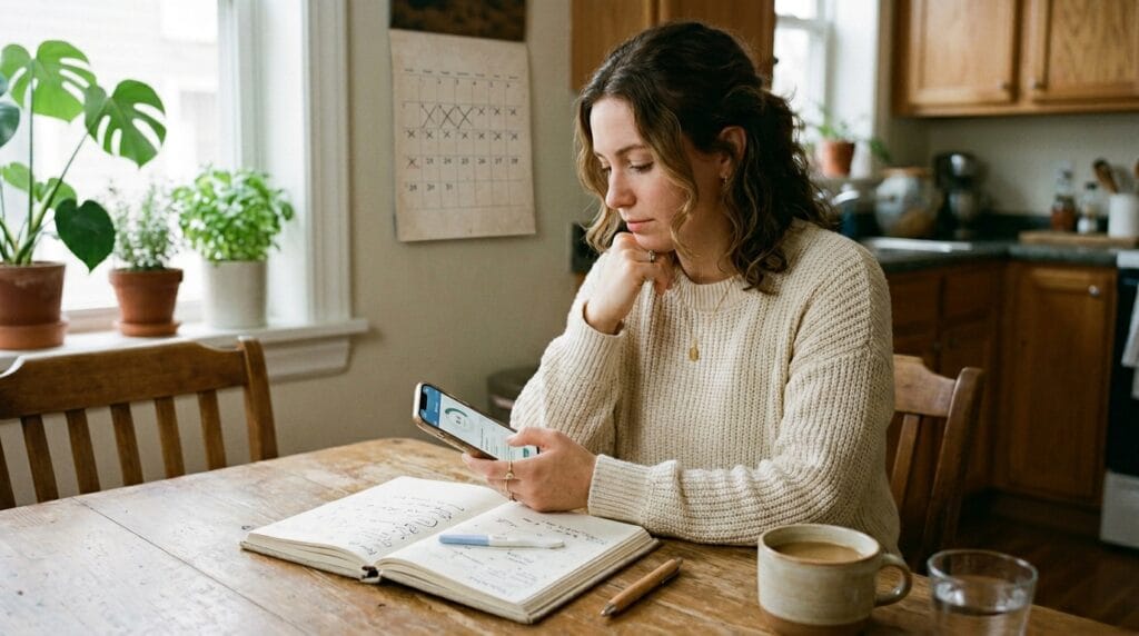 Woman reviewing pregnancy app privacy before tracking symptoms and test results