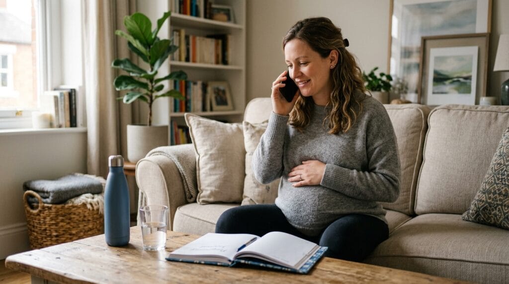 Woman scheduling a first prenatal appointment after a positive pregnancy test