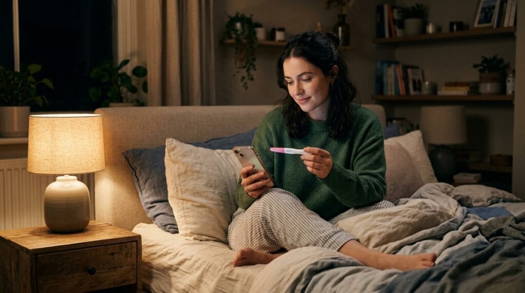 Woman taking a pregnancy test at night and wondering if timing affects the result