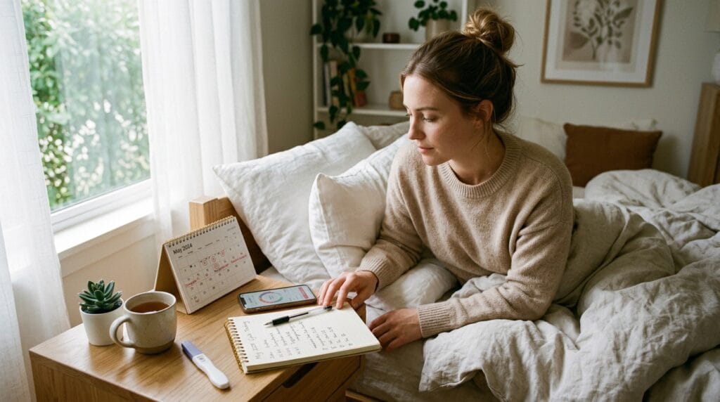 Woman tracking irregular periods and pregnancy testing with PCOS