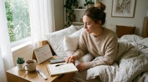 Woman tracking irregular periods and pregnancy testing with PCOS