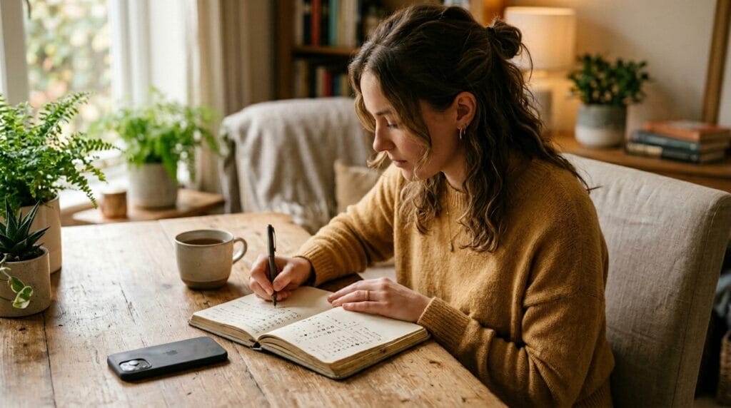 Woman using a paper journal as a privacy-conscious way to track pregnancy symptoms