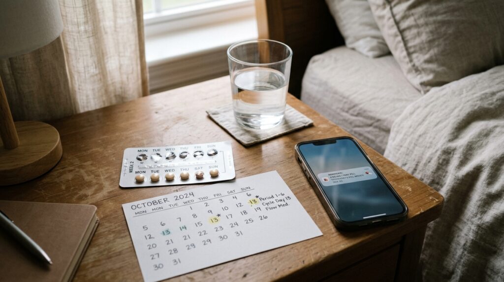 missed birth control pill reminder and cycle tracking calendar