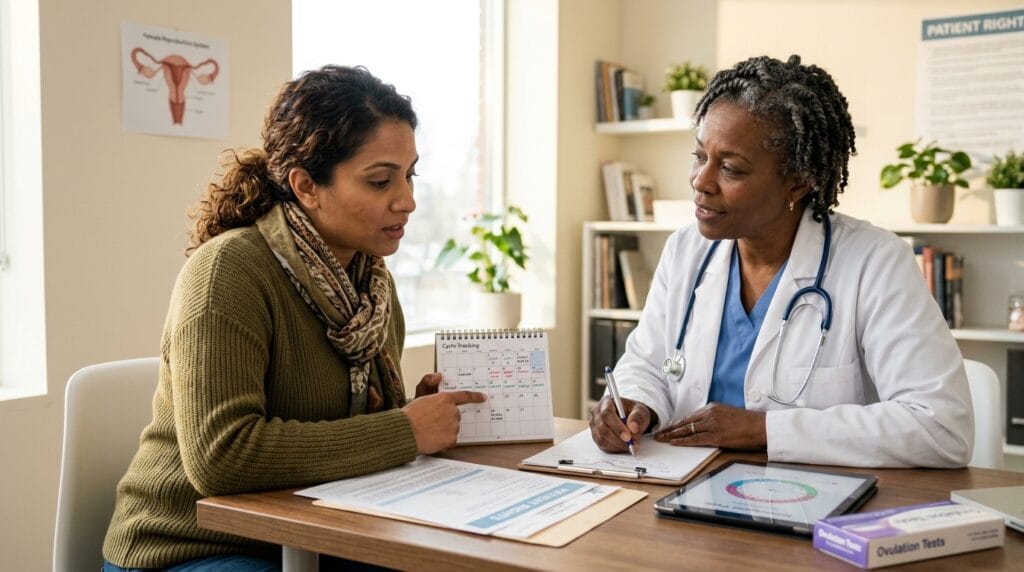 A woman discussing cycle changes and timing concerns with a trusted professional