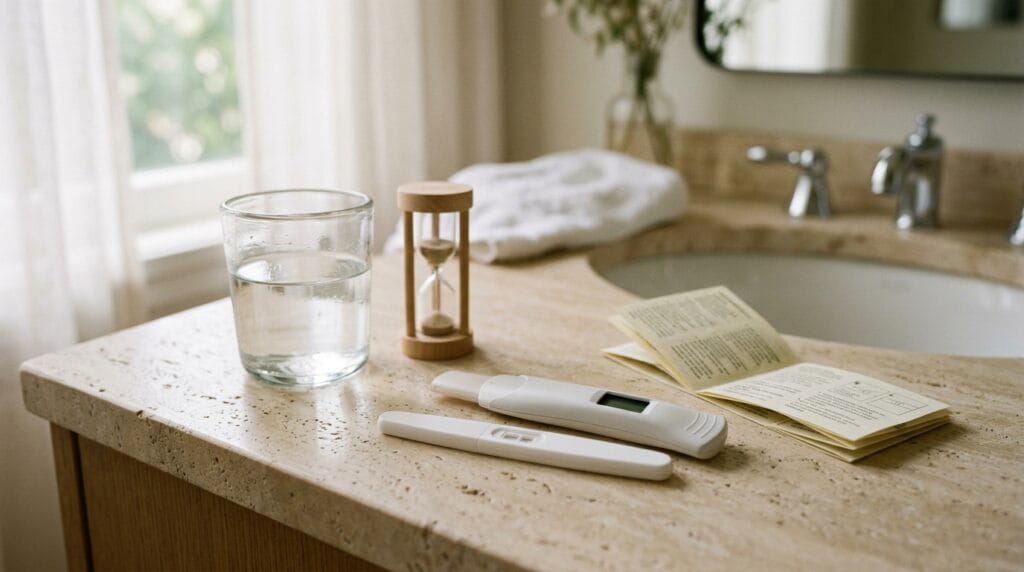 Cheap and digital pregnancy tests placed side by side on a bathroom counter