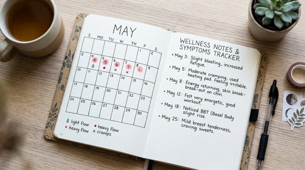 Cycle calendar and wellness notes used for tracking period timing and body changes