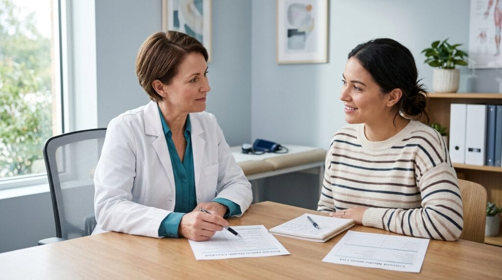 Healthcare provider discussing safe preconception planning and fertility questions with a patient