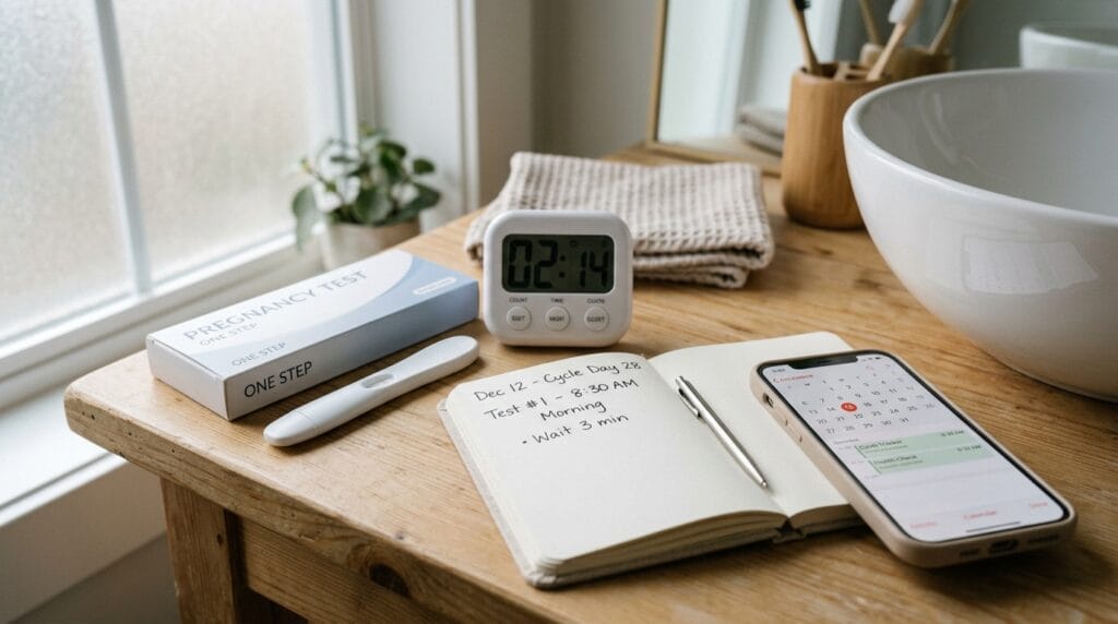 Pregnancy test and calendar used after an inaccurate period tracker prediction