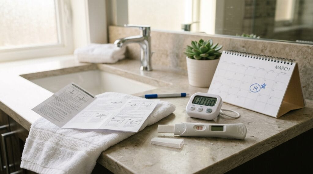 Pregnancy test setup with timer and instructions for accurate home testing