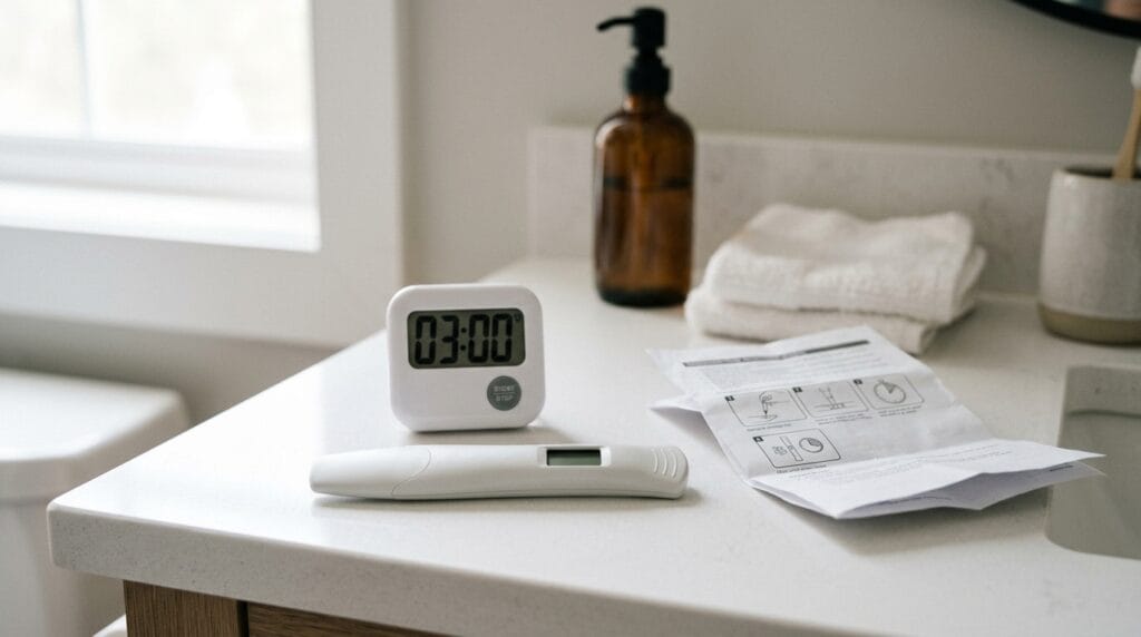 Pregnancy test with timer and instructions to avoid evaporation line confusion
