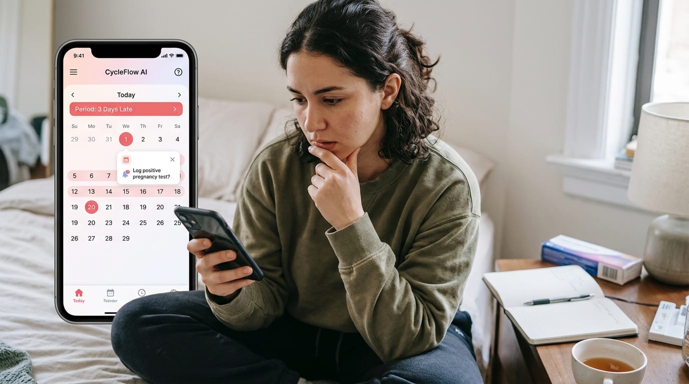 Woman checking AI period tracker predictions while thinking about a late period and pregnancy test