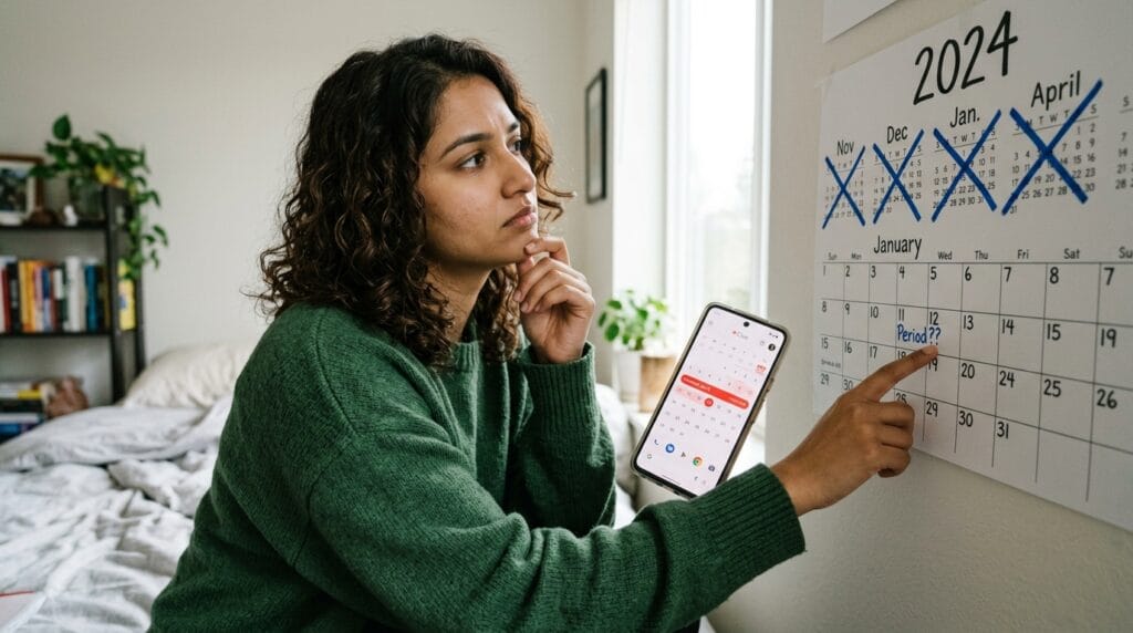 Woman comparing a period tracker prediction with a calendar after a late period