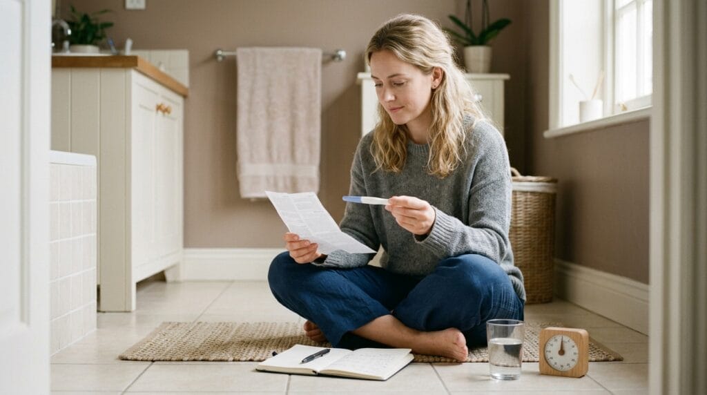 Woman comparing faint positive vs evaporation line on a pregnancy test