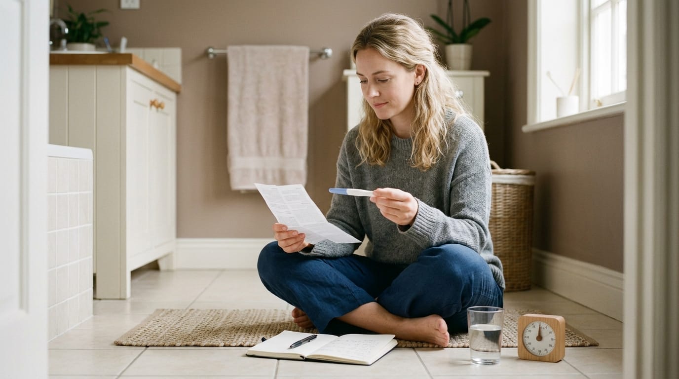 Woman comparing faint positive vs evaporation line on a pregnancy test