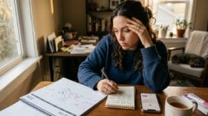 Woman reviewing her cycle calendar and personal notes while thinking about a possible missed period