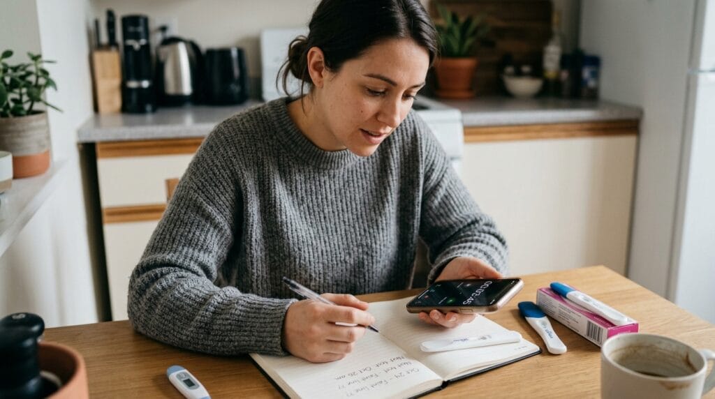 Woman tracking pregnancy test timing before retesting after a faint line