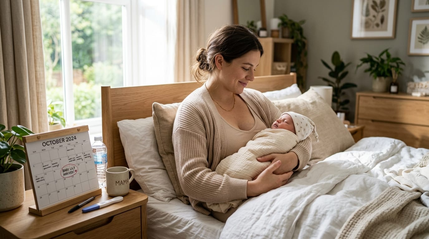 mother breastfeeding and checking pregnancy timing