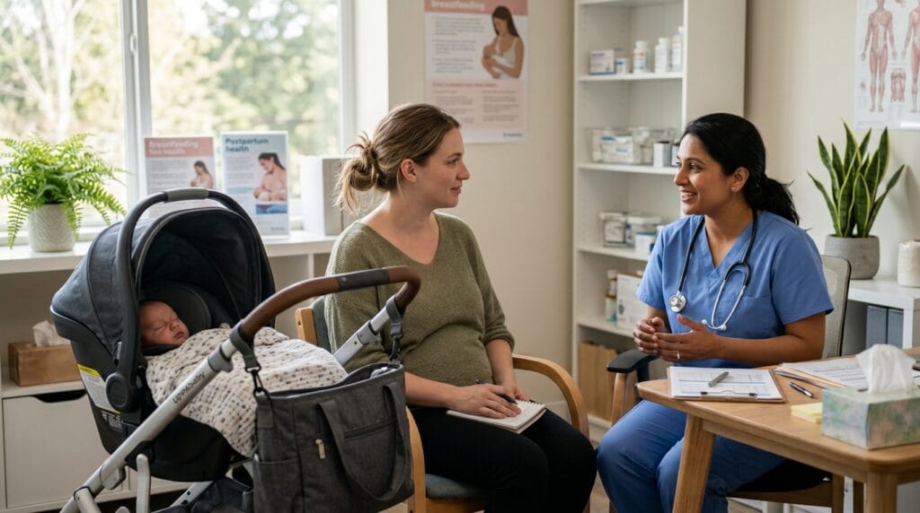 postpartum mother discussing pregnancy concerns with provider