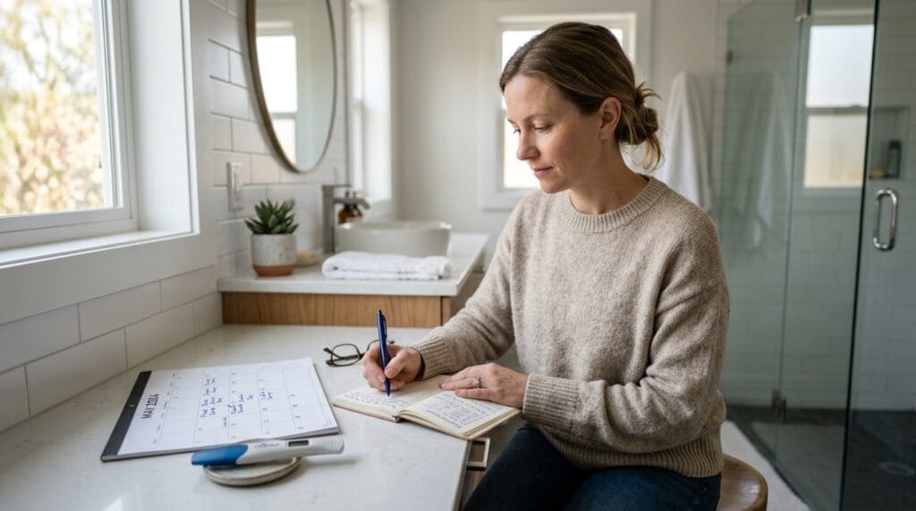 woman comparing perimenopause symptoms and pregnancy test timing