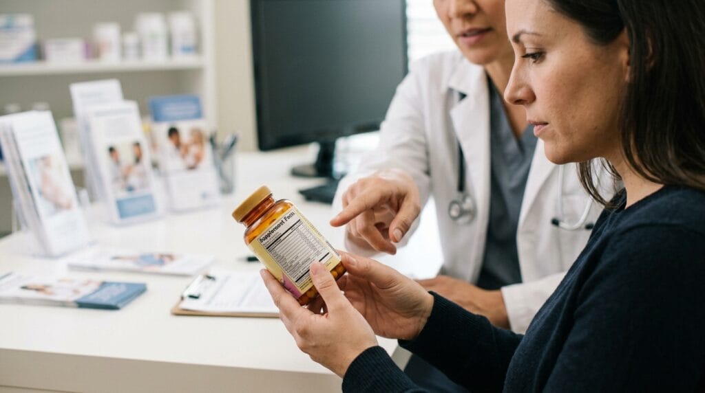 Checking a prenatal vitamin label for 400 mcg of folic acid