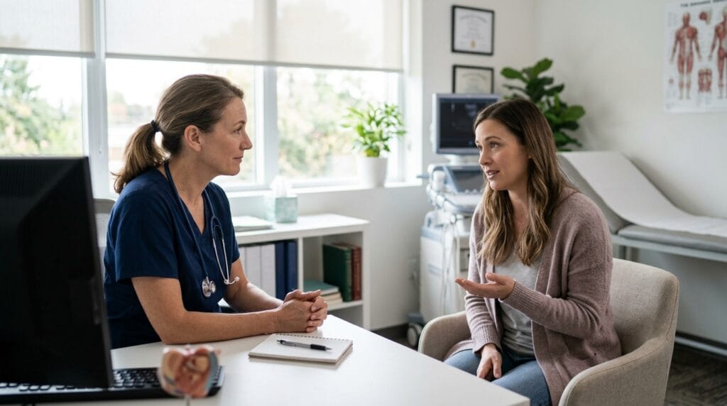 Clinician discussing bleeding after a positive pregnancy test and appropriate evaluation