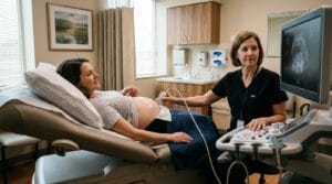 First pregnancy ultrasound appointment in a prenatal healthcare clinic