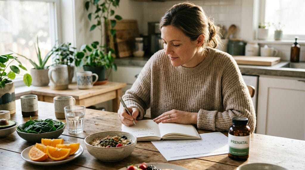 Folic acid before pregnancy in 2026 with prenatal vitamin and folate-rich foods