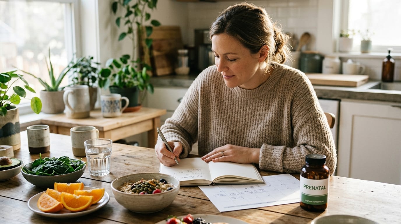 Folic acid before pregnancy in 2026 with prenatal vitamin and folate-rich foods