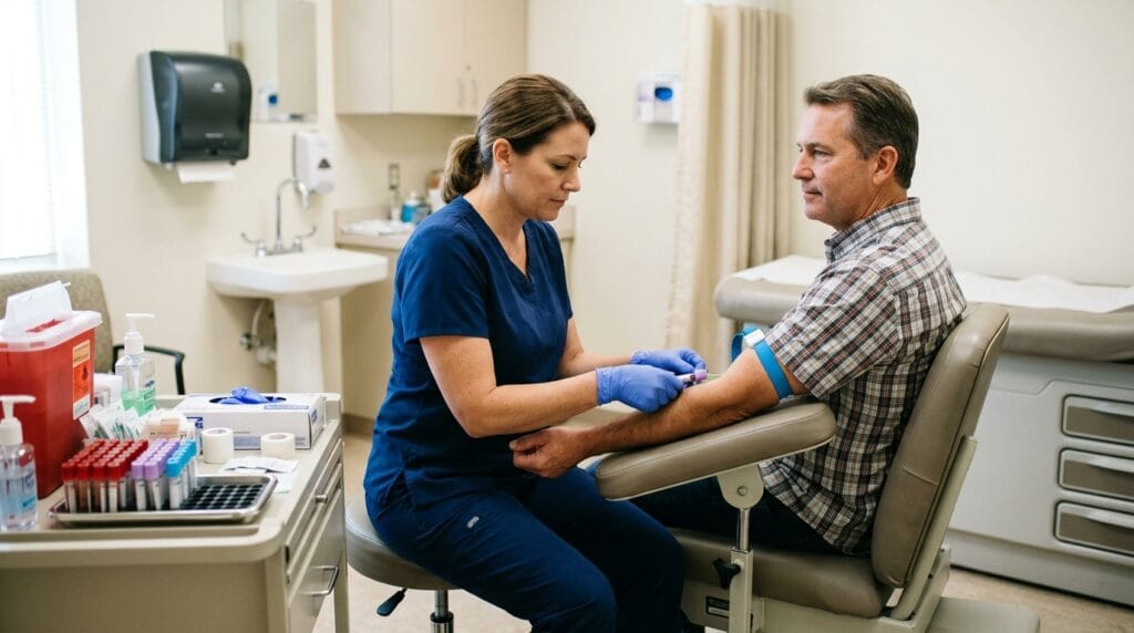 Healthcare professional collecting a blood sample for a quantitative pregnancy hCG test.