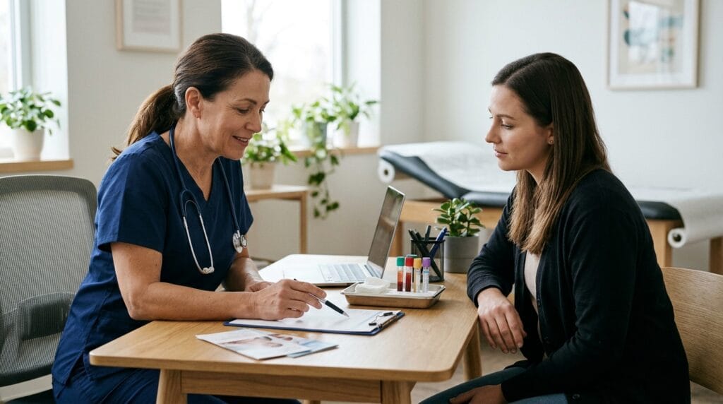Healthcare professional explaining blood pregnancy testing after an unclear home test result