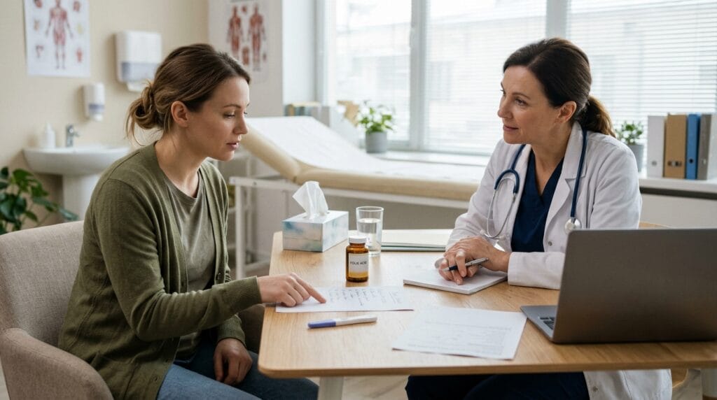 Newly pregnant patient discussing folic acid and prenatal vitamins with a healthcare professional