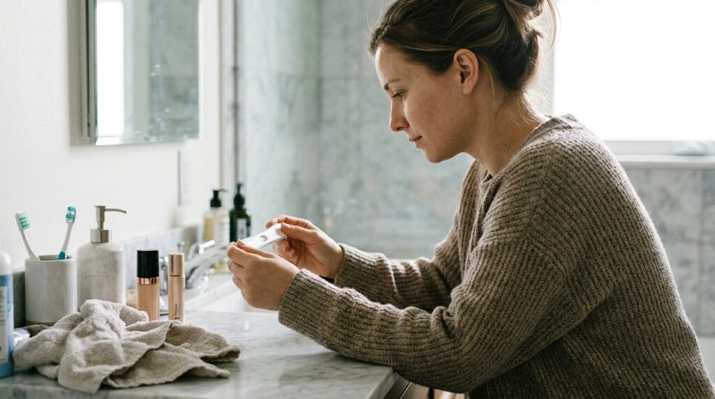 Person examining a faint positive pregnancy test result at home