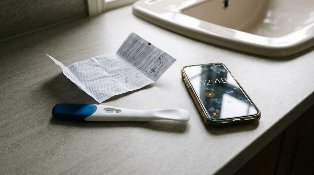 Pregnancy test instructions and timer used to check a result within the correct reading window